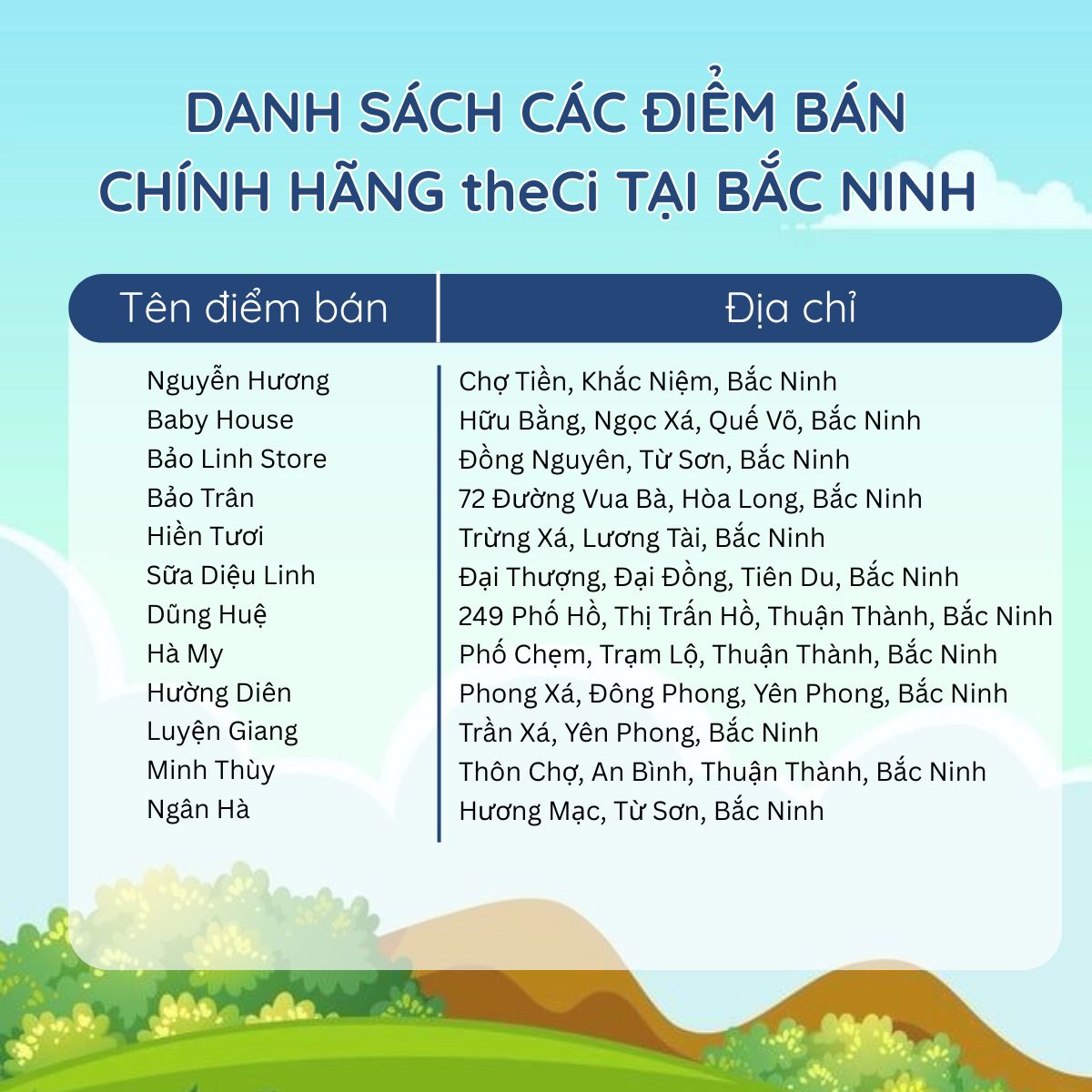 Danh sách các điểm bán chính hãng theCi tại Bắc Ninh 